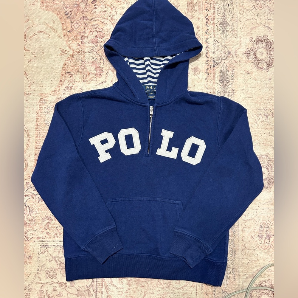 Polo Ralph Lauren Blue Quarter-Zip Hoodie with Striped Hood (Size S (8))